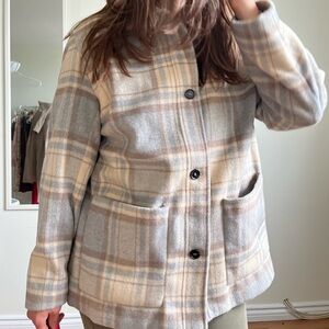 H&M cream tan coat with muted blue plaid